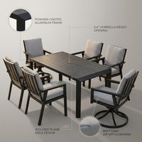 Black 7-Piece Aluminum Outdoor Dining Set with Gray Cushion — Lifestyle