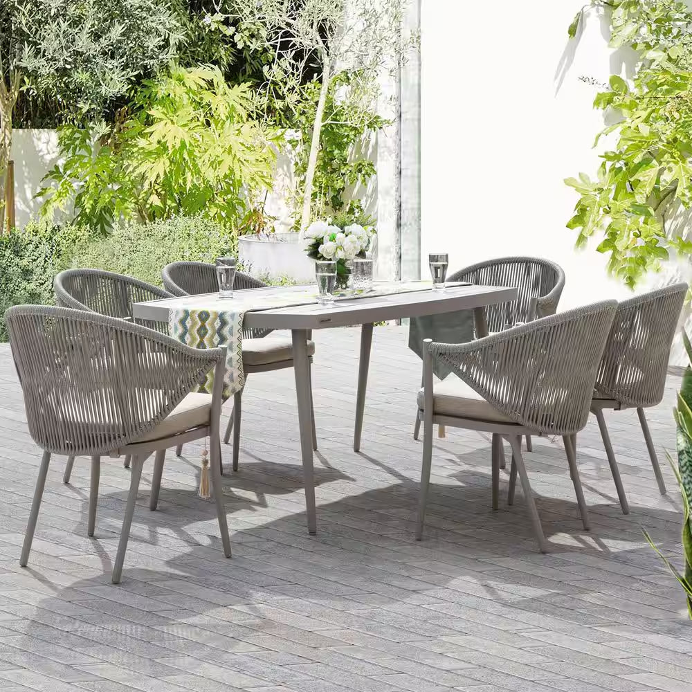 7-Piece Aluminum Outdoor Dining Set with Beige Cushion
