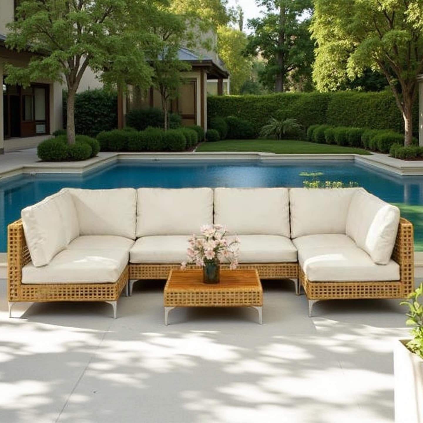7 Piece Modular Outdoor Patio Sectional Sofa Set with Acacia Wood Coffee Table and Thick Cushions