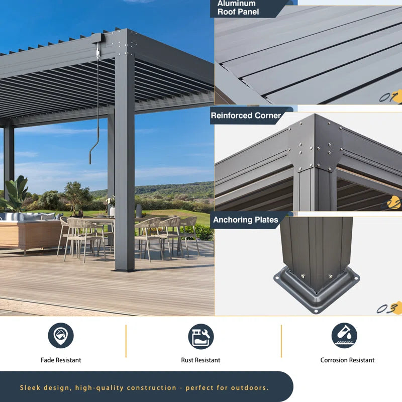 Louvered Pergola with Panel Pull-Down Screen, Outdoor Aluminum Pergola with Adjustable Rainproof Roof for Hot Tub and Patio Deck Backyard