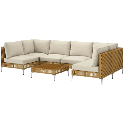 7 Piece Modular Outdoor Patio Sectional Sofa Set with Acacia Wood Coffee Table and Thick Cushions