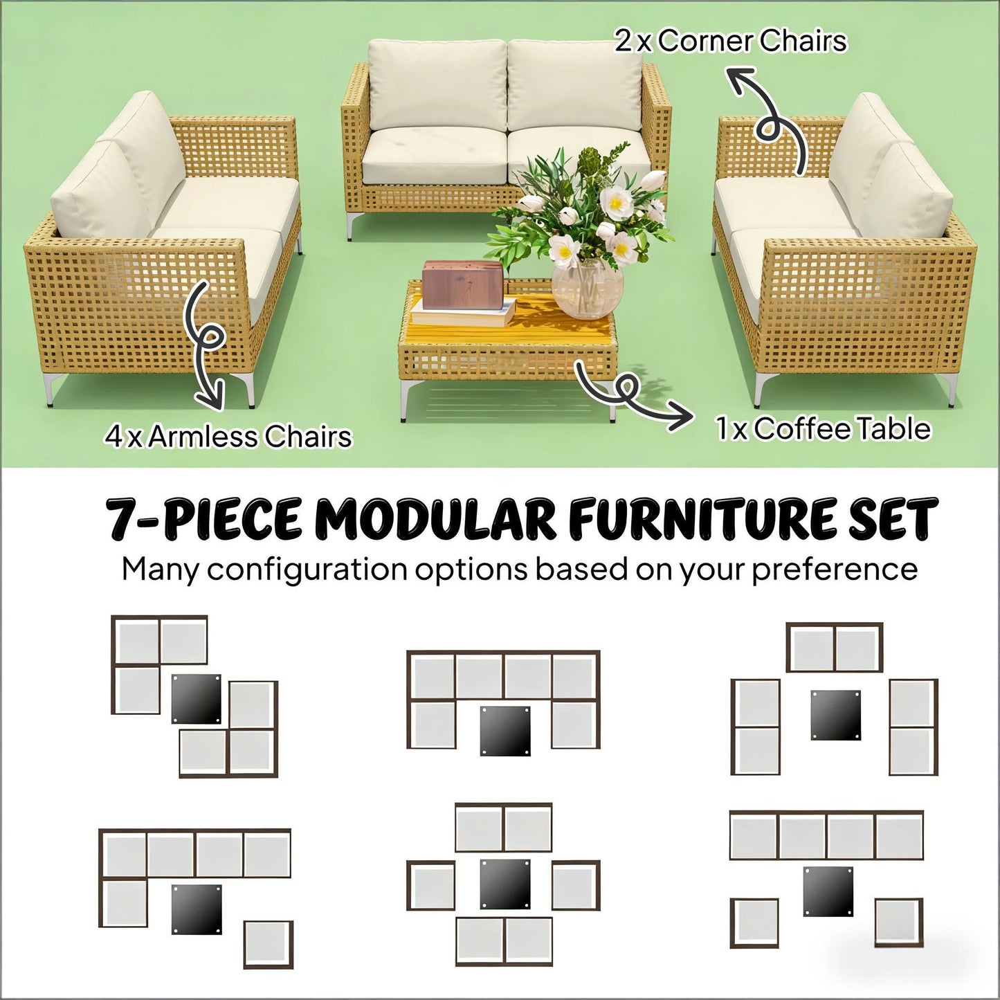7 Piece Modular Outdoor Patio Sectional Sofa Set with Acacia Wood Coffee Table and Thick Cushions