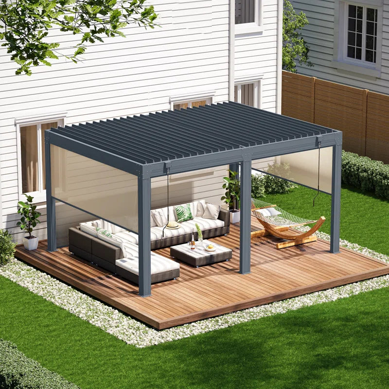 Louvered Pergola with Panel Pull-Down Screen, Outdoor Aluminum Pergola with Adjustable Rainproof Roof for Hot Tub and Patio Deck Backyard