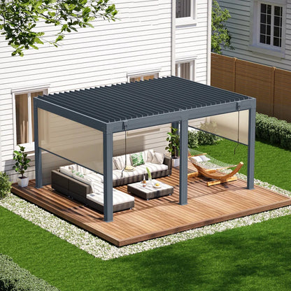 Louvered Pergola with Panel Pull-Down Screen, Outdoor Aluminum Pergola with Adjustable Rainproof Roof for Hot Tub and Patio Deck Backyard