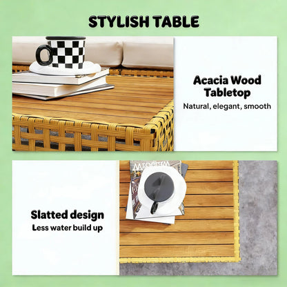 7 Piece Modular Outdoor Patio Sectional Sofa Set with Acacia Wood Coffee Table and Thick Cushions