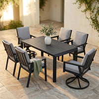 Black 7-Piece Aluminum Outdoor Dining Set with Gray Cushion — Studio Shot